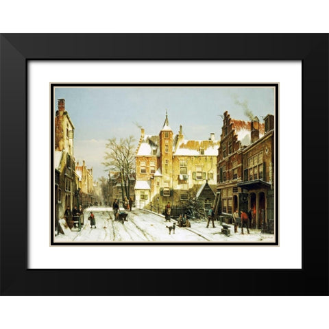 A Dutch Village In Winter Black Modern Wood Framed Art Print with Double Matting by Koekkoek, Willem