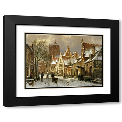 A Winter Street Scene Black Modern Wood Framed Art Print with Double Matting by Koekkoek, Willem