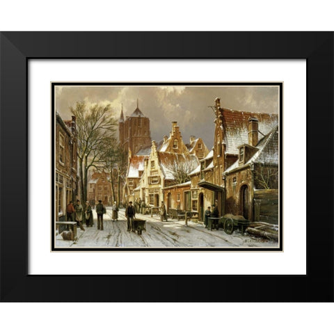 A Winter Street Scene Black Modern Wood Framed Art Print with Double Matting by Koekkoek, Willem