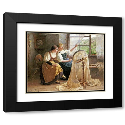 Zwei Madchen Am Strickrahmen Black Modern Wood Framed Art Print with Double Matting by Koester, Alexander Max
