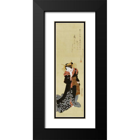 A Standing Courtesan In a Black Kimono Black Modern Wood Framed Art Print with Double Matting by Kunisada, Utagawa