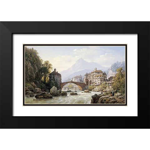Le Vieux Pont Romain De St. Martin, Italy Black Modern Wood Framed Art Print with Double Matting by Kuwasseg, Charles Euphrasie
