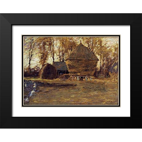 Sussex Hayricks Black Modern Wood Framed Art Print with Double Matting by La Thangue, Henry Herbert