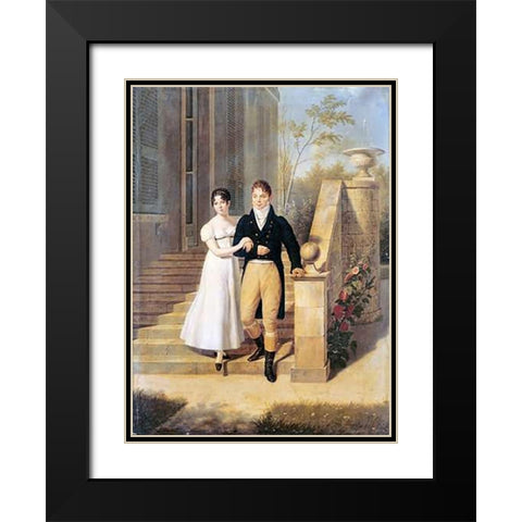 Portrait of a Lady and a Gentleman On The Steps of a Chateau Black Modern Wood Framed Art Print with Double Matting by Lagrenee, Anthelme Francois