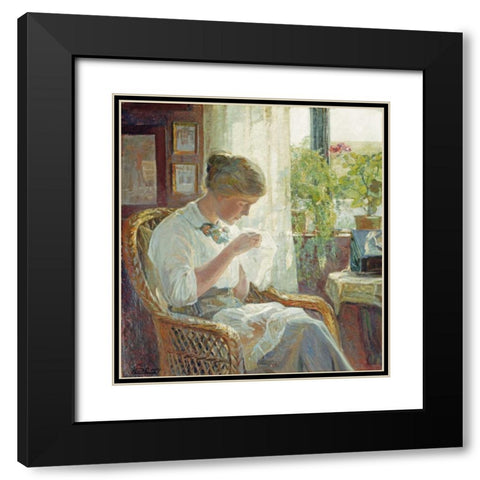 The Seamstress Black Modern Wood Framed Art Print with Double Matting by Larsen, Knud Erik