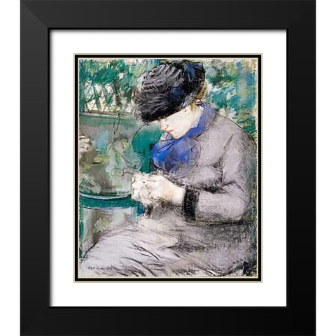 Girl Sitting in the Garden Knitting, 1879 Black Modern Wood Framed Art Print with Double Matting by Manet, Edouard
