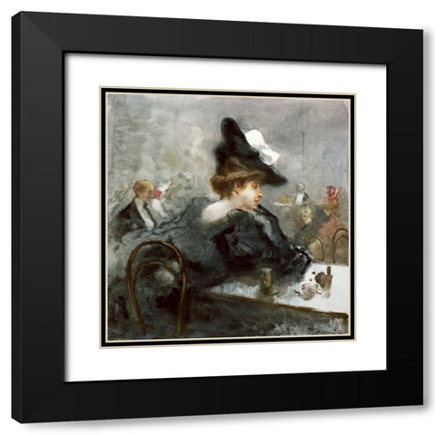 Elegant Lady In Black In a Caf?? Black Modern Wood Framed Art Print with Double Matting by Mariani, Pompeo