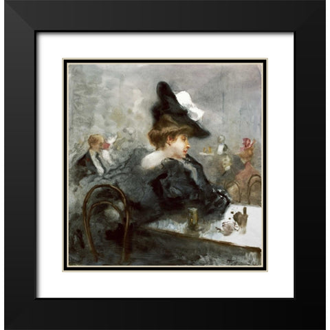 Elegant Lady In Black In a Caf?? Black Modern Wood Framed Art Print with Double Matting by Mariani, Pompeo