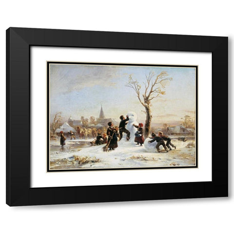 The Village Snowman Black Modern Wood Framed Art Print with Double Matting by Meyerheim, Wilhelm Alexander
