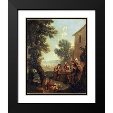 Peasants Drinking By a Farmhouse Black Modern Wood Framed Art Print with Double Matting by Monaldi, Paolo