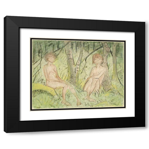 Two Women In The Forest Black Modern Wood Framed Art Print with Double Matting by Mueller, Otto