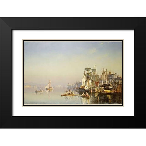 Fishing Boats and Barges On The Thames Black Modern Wood Framed Art Print with Double Matting by Neumann, Carl