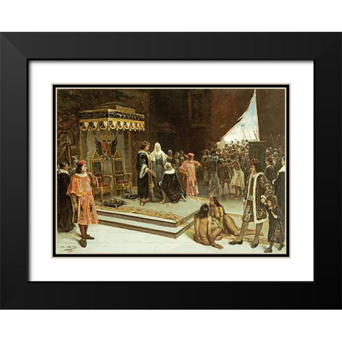 Columbus Before The Spanish Court After His Return From The Americas Black Modern Wood Framed Art Print with Double Matting by Santa Olalla, Francisco Garcia