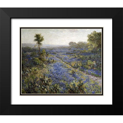 Field of Texas Bluebonnets and Prickly Pear Cacti Black Modern Wood Framed Art Print with Double Matting by Onderdonk, Julian