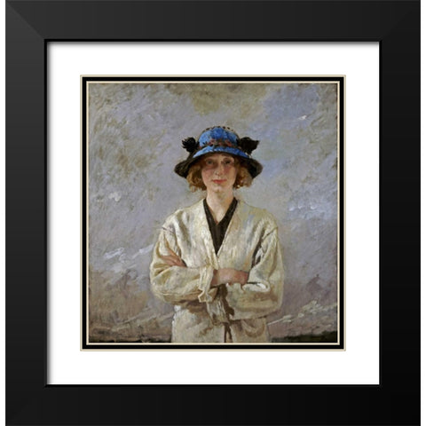 Girl In a Blue Hat Black Modern Wood Framed Art Print with Double Matting by Orpen, Sir William