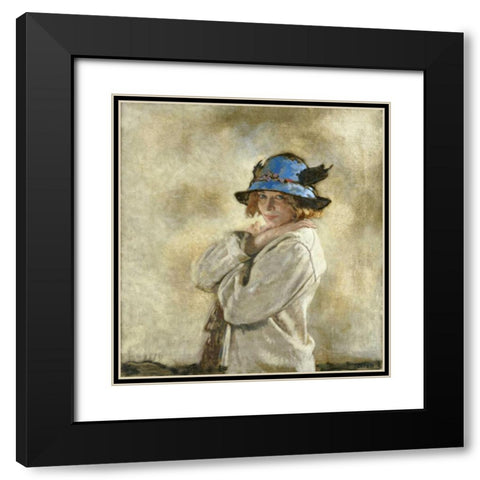 The Blue Hat Black Modern Wood Framed Art Print with Double Matting by Orpen, Sir William