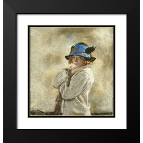 The Blue Hat Black Modern Wood Framed Art Print with Double Matting by Orpen, Sir William