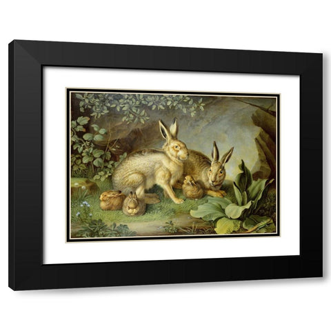 Hares and Leverets In a Rocky Lair Black Modern Wood Framed Art Print with Double Matting by Peter, Johann Wenzel