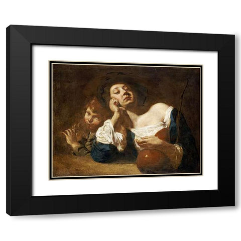 A Shepherdess With a Gourd Black Modern Wood Framed Art Print with Double Matting by Piazzetta, Giovanni Battista