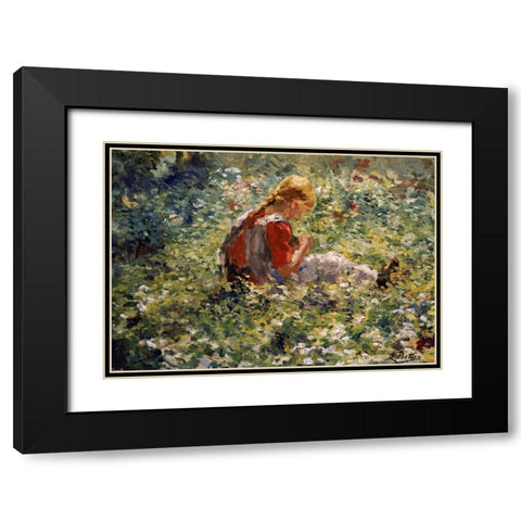 A Young Girl In a Flower Garden Black Modern Wood Framed Art Print with Double Matting by Pieters, Evert