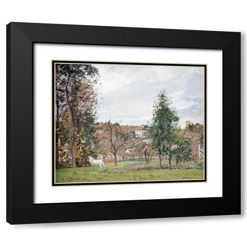 Landscape With a White Horse Black Modern Wood Framed Art Print with Double Matting by Pissarro, Camille