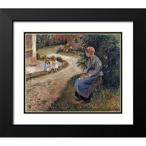The Maid Sitting In The Garden at Eragny Black Modern Wood Framed Art Print with Double Matting by Pissarro, Camille
