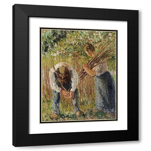 Farm Labourers Planting Stakes Black Modern Wood Framed Art Print with Double Matting by Pissarro, Camille
