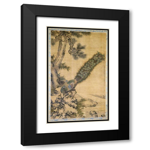 Bamboo, Pine and Peacocks Black Modern Wood Framed Art Print with Double Matting by Quan, Shen