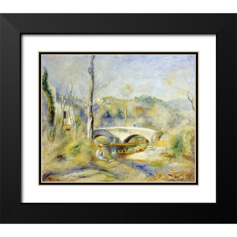 Landscape With Bridge Black Modern Wood Framed Art Print with Double Matting by Renoir, Pierre-Auguste