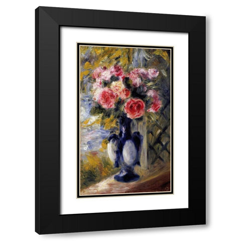 Roses In a Blue Vase Black Modern Wood Framed Art Print with Double Matting by Renoir, Pierre-Auguste