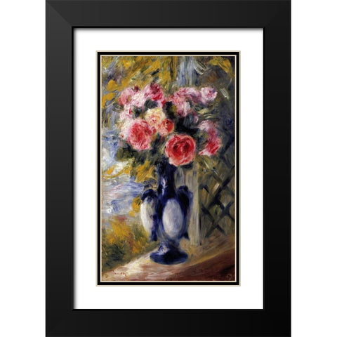 Roses In a Blue Vase Black Modern Wood Framed Art Print with Double Matting by Renoir, Pierre-Auguste
