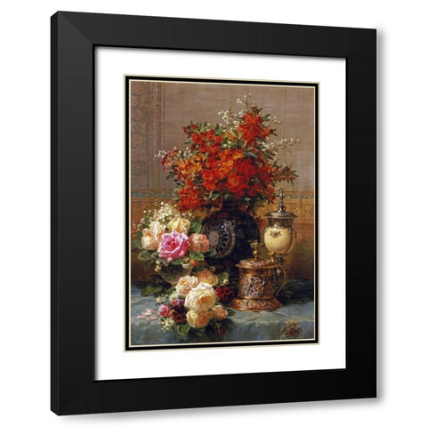 Still Life of Roses and Other Flowers Black Modern Wood Framed Art Print with Double Matting by Robie, Jean-Baptiste