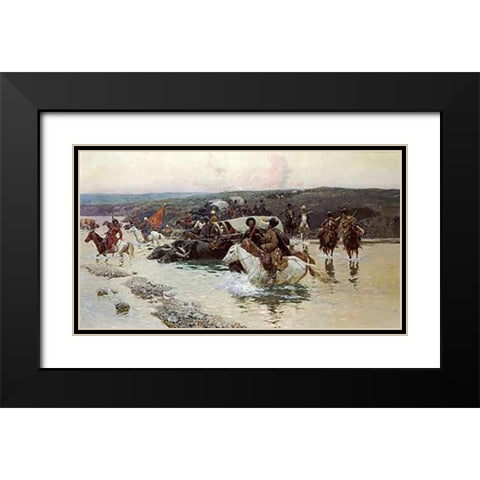 Tcherkess Convoy Crossing a River Black Modern Wood Framed Art Print with Double Matting by Roubaud, Franz Alekseevitch