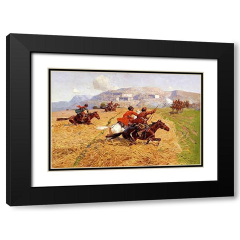 Cossacks Charging Into Battle Black Modern Wood Framed Art Print with Double Matting by Roubaud, Franz Alekseevitch