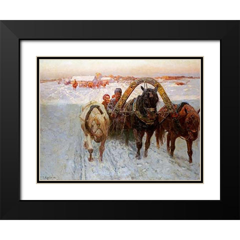 The Sleigh Black Modern Wood Framed Art Print with Double Matting by Roubaud, Franz Alekseevitch
