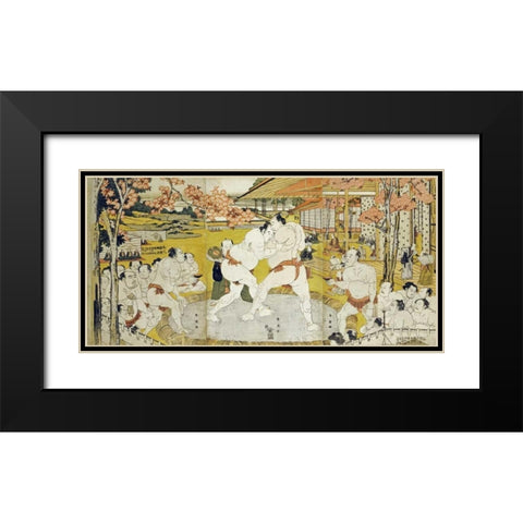 A Triptych of a Wrestling Bout Black Modern Wood Framed Art Print with Double Matting by Shunei, Katsukawa