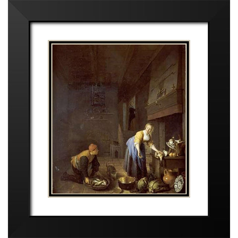 A Kitchen With a Kitchen Maid Black Modern Wood Framed Art Print with Double Matting by Sorgh, Hendrik Martensz