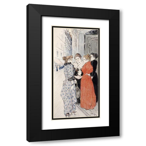Women Conversing In The Street Black Modern Wood Framed Art Print with Double Matting by Steinlen, Theophile