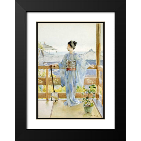 Geisha Standing On a Balcony Black Modern Wood Framed Art Print with Double Matting by Stern, Anton Alois