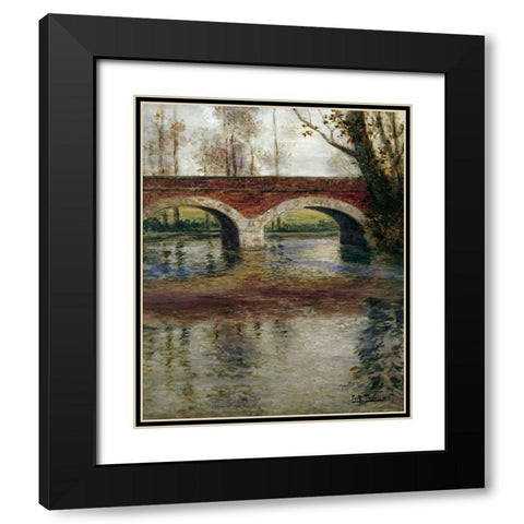 A River Landscape With a Bridge Black Modern Wood Framed Art Print with Double Matting by Thaulow, Fritz