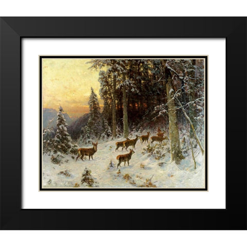Deer In Winter Wooded Landscape Black Modern Wood Framed Art Print with Double Matting by Thiele, Arthur Julius