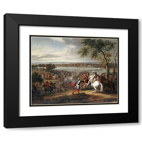 King Louis XIV of France Crossing The Rhine Black Modern Wood Framed Art Print with Double Matting by Van Der Meullen, Adam Frans