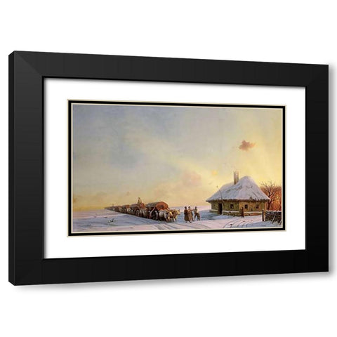 Ukranian Oxcart Drivers In Winter Black Modern Wood Framed Art Print with Double Matting by Aivasowsky, Ivan Konstantinovich