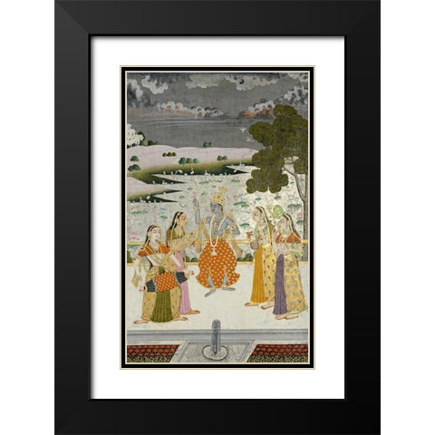 Krishna With The Gopis Black Modern Wood Framed Art Print with Double Matting by Bikaner, Ustad Murad