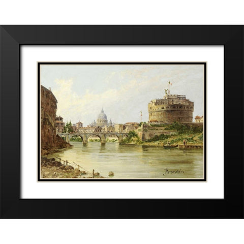 The Tiber With The Castel SantAngelo and St.Peters, Rome Black Modern Wood Framed Art Print with Double Matting by Brandeis, Antonietta