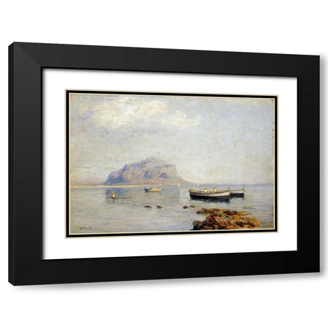 A Calm With Fishing Boats In The Bay of Naples Black Modern Wood Framed Art Print with Double Matting by Carelli, Giuseppe
