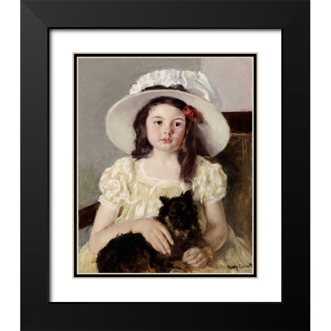 Francoise Holding a Little Black Dog Black Modern Wood Framed Art Print with Double Matting by Cassatt, Mary