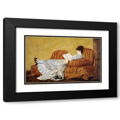 Young Lady Reading Black Modern Wood Framed Art Print with Double Matting by Cassatt, Mary
