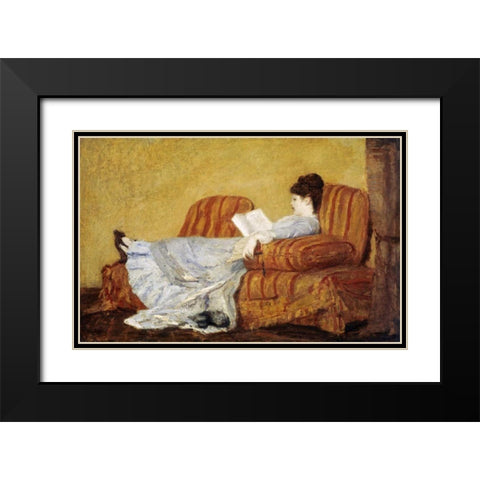 Young Lady Reading Black Modern Wood Framed Art Print with Double Matting by Cassatt, Mary