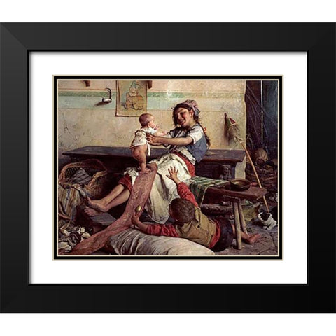 Playing With Baby Black Modern Wood Framed Art Print with Double Matting by Chierici, Gaetano